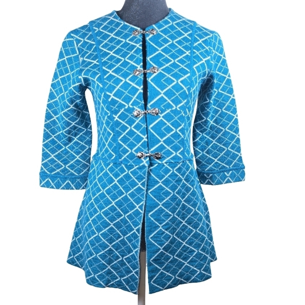 Simply Natural Peruvian Alpaca Blend Teal Geometric Peplum Cardigan Jacket Sz.S